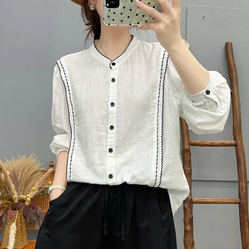 

[Готовый запас] Высококачественная женская блузка из 100% хлопка, рубашка, японский Mori, женские блузки с воротником-стойкой и волнистыми рукавами с вышивкой, топ