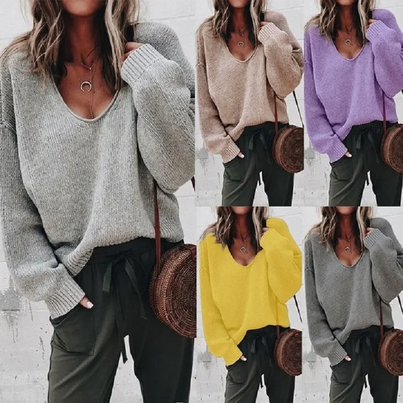 

New Women's V-neck Long Sleeve Loose Sweater Autumn Winter Sweater Top Women's Fashion Solid Color Knitted Pullover Sweater