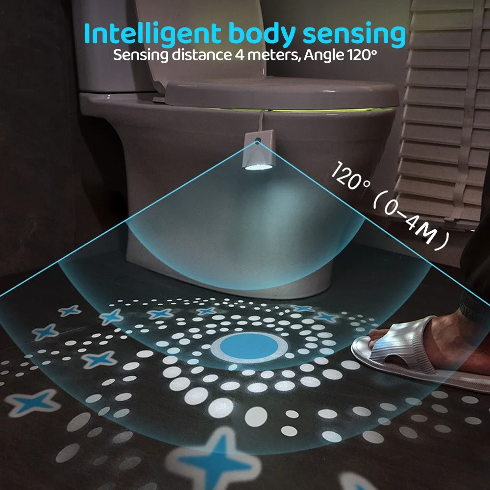Toilet Bewegingssensor Nachtverlichting Veelkleurige Projector Toiler Lights 8 Kleuren Waterdicht Voetlicht voor Badkamer Decorverlichting
