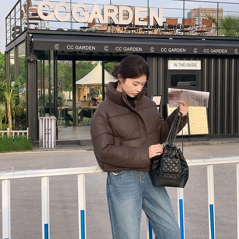 Women's Clothing PU Leather Crop Jacket No Washing Required Short Tops New Winter Warm Thicken Stand-up Collar Bread Cotton Coat