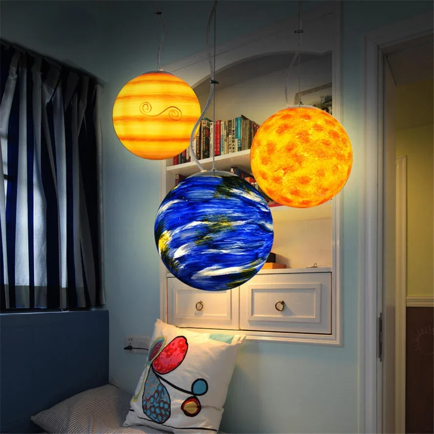 art deco Eight planets moon globe pendant lights for children bedroom nursery restaurant kids room lamp led suspension luminaire