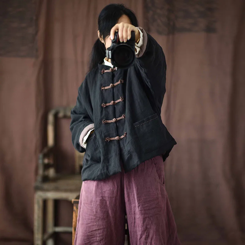 

Women's Quilted Light Jacket Fallow Cotton Linen Ramie Chinese Vintage Frog Button Cardigan Down Cotton Short Coat With Pockets