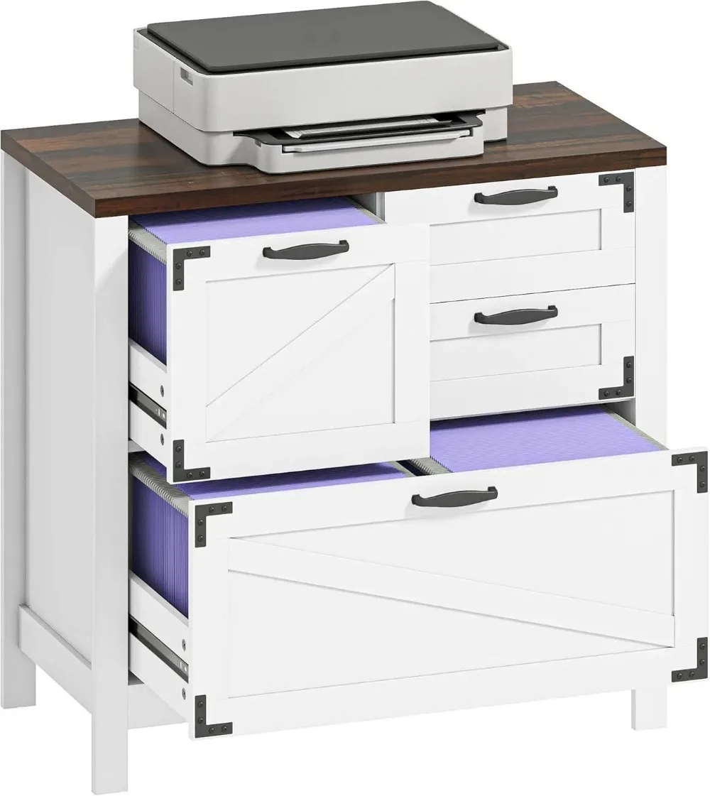 

4 Drawer File Cabinet, Farmhouse Lateral Filing Cabinet with Adjustable Hanging Rails for Letter/A4/Legal Size Files, Printer S