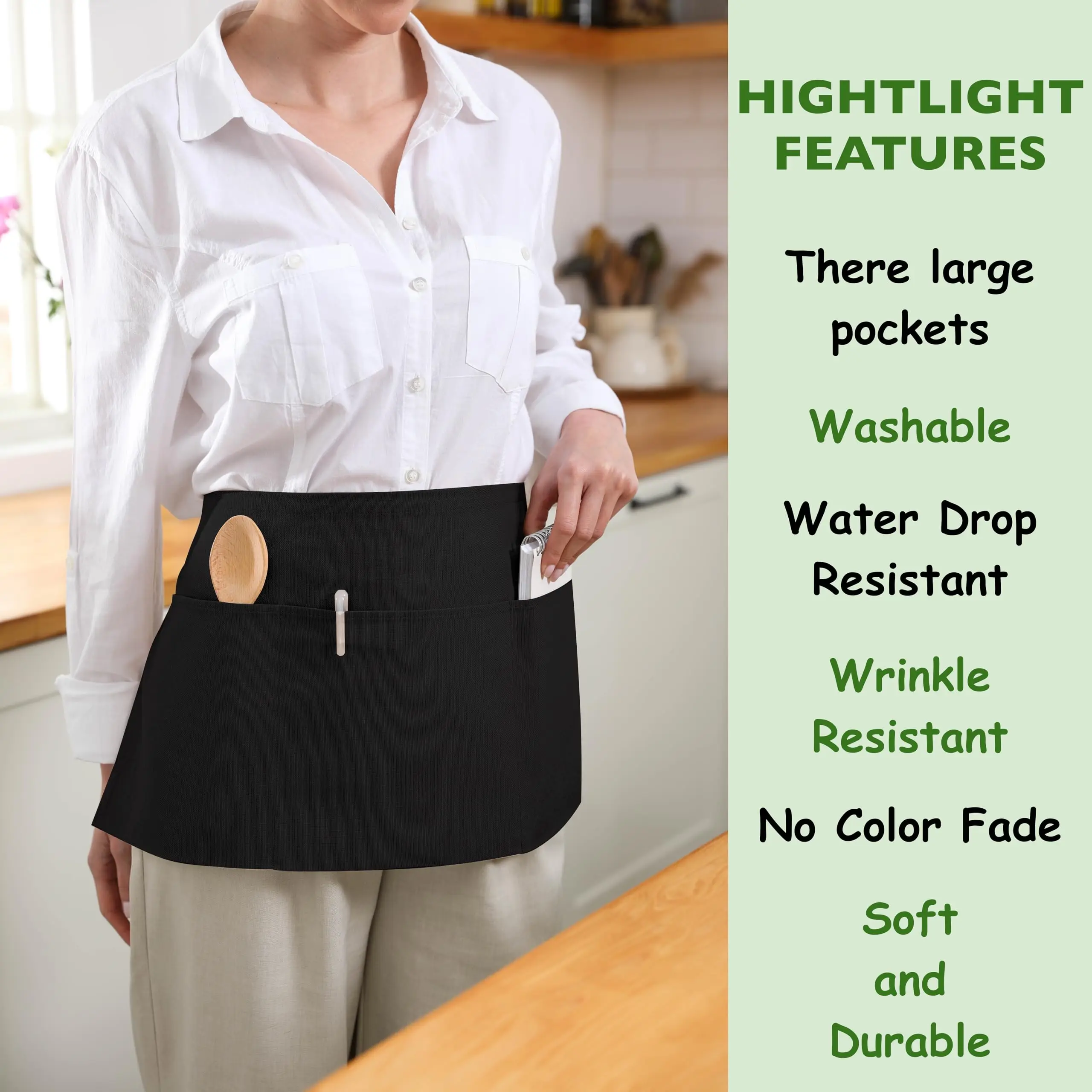 Waist Apron with 3 Pockets Waterdrop Resistant 1 Pack Cotton Waitress Apron