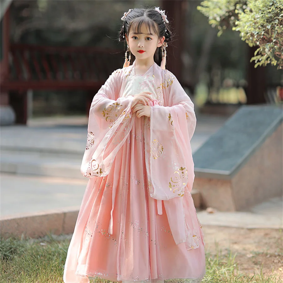 Vestido tradicional chinês Hanfu para crianças, Vestidos infantis antigos, Traje de meninas, Roupa de dança folclórica