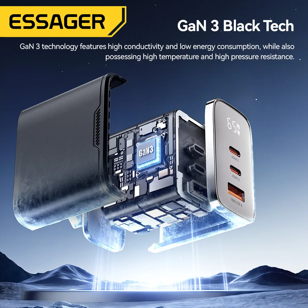 Essager 65W GaN Charger USB C Charger Digital Display PD3.0 Fast Charger 3 Ports Power Adapter for iPhone Tablet MacBook Switch
