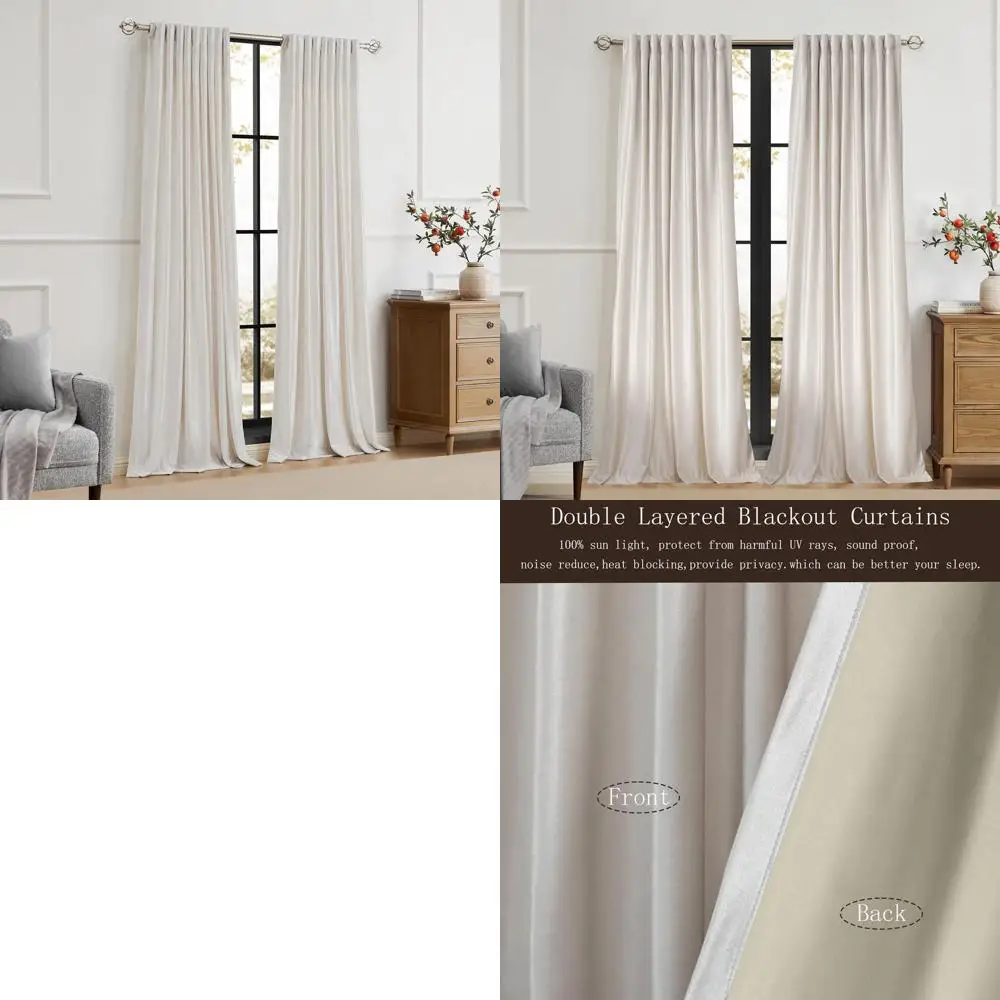 아이보리 벨벳 커튼 84인치 길이, 2개 세트, 암막, 라이너, 로드 포켓, 백 탭, 단열, 룸 다크닝 커튼 (L 사이즈)