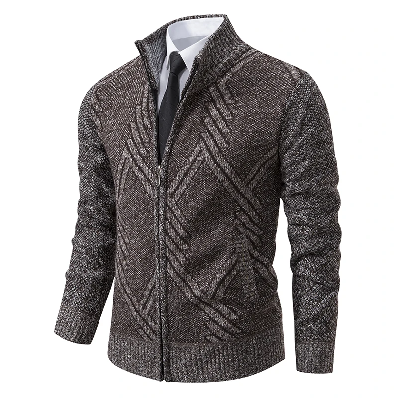 2024 Winter Men\'s Open Collar Wool Zipper Sweater Stand Collar Slim Knitted Sweater Coat Warm Jacket Solid Color Men\'s Clothing