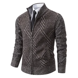 2024 Winter Men's Open Collar Wool Zipper Sweater Stand Collar Slim Knitted Sweater Coat Warm Jacket Solid Color Men's Clothing