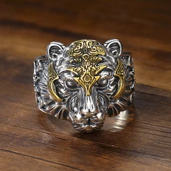 Classic vintage 925 Thai Silver Domineering golden Armor Tiger Head mens rings Sculptured Design Hip Hop Party Jewelry