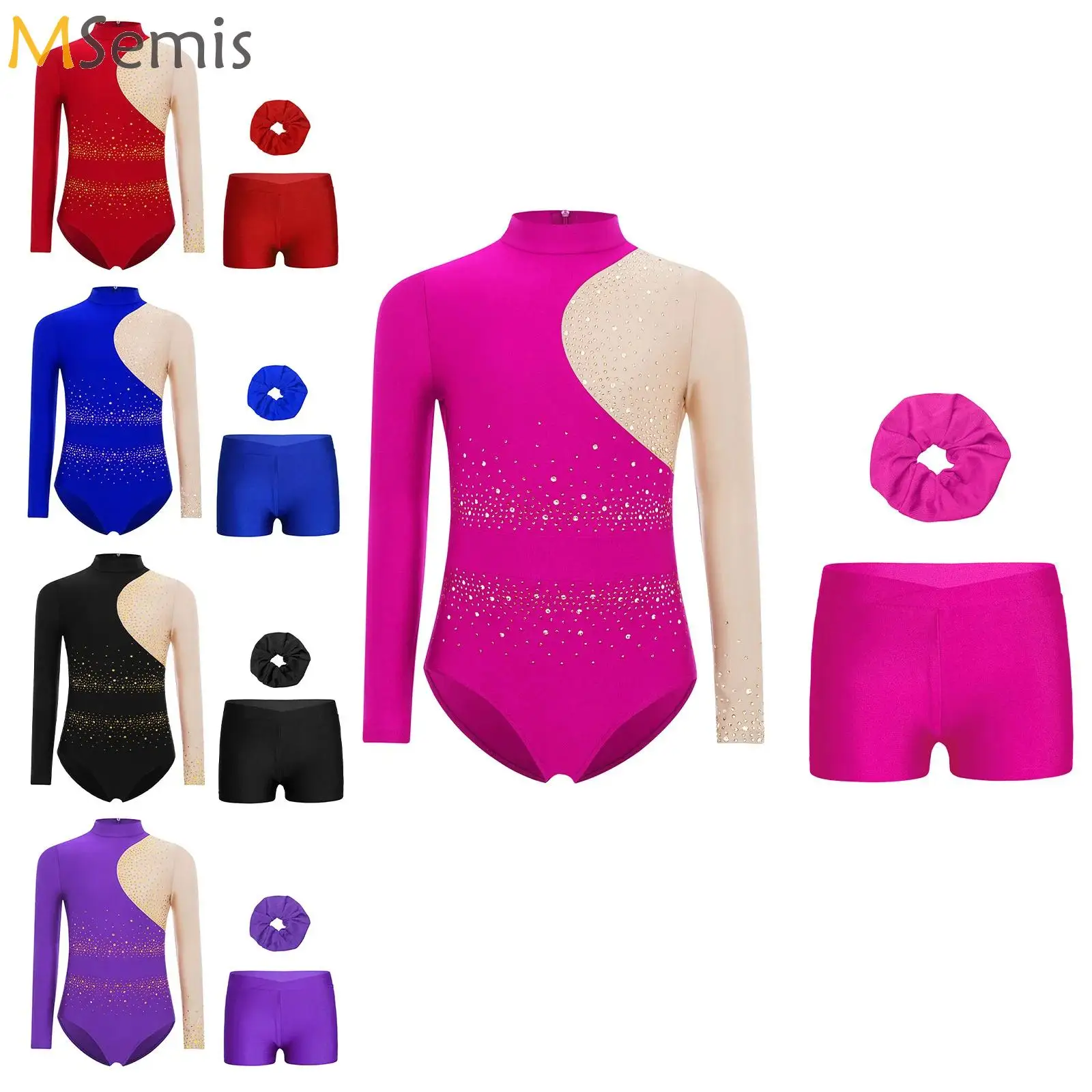 

Kids Girls Gymnastics Ballet Latin Dance Leotard with Shorts Hairband Sheer Rhinestones Bodysuit For Figure Skating Performance