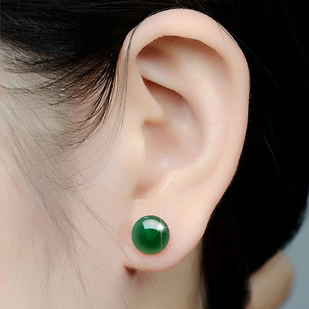 Round Natural Green Chalcedony Earring Female Copper Plated Red Black Green Stud Stone Crystal Vintage Jewelry Wedding