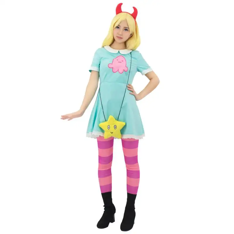 WENAM girl's Princess Star Butterfly Cosplay Costume Green Dress women's Halloween Anime Party Star Dress con copricapo e borsa