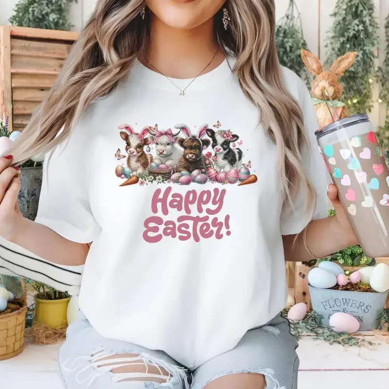 

Easter T Shirt Cow Happy Highland Cute Funny Animals Bunny Retro
