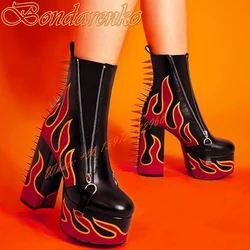 Rivet Flame Printed Ankle Boots Round Toe High Platform Chunky High Heels Zipper Boots Women Autumn Winter Party Sexy Style Shoe