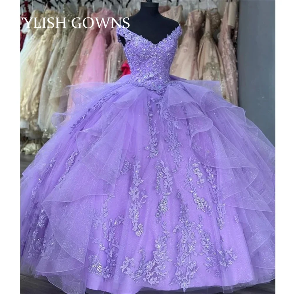 

Mexico Purple Sweetheart Quinceanera Dress Ball Gown Appliques Birtdhday Party Gown Elegant Ruffles Bow Graduation Dress