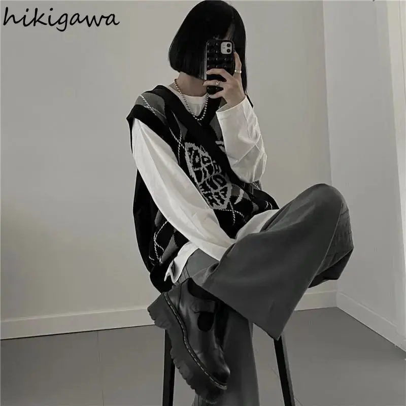 Hikigawa Korean Y2k Tops Women\'s Clothing Harajuku Knitwear Vintage Waistcoat Ropa Mujer Fashion Plaid Knit Sweater Vest Women