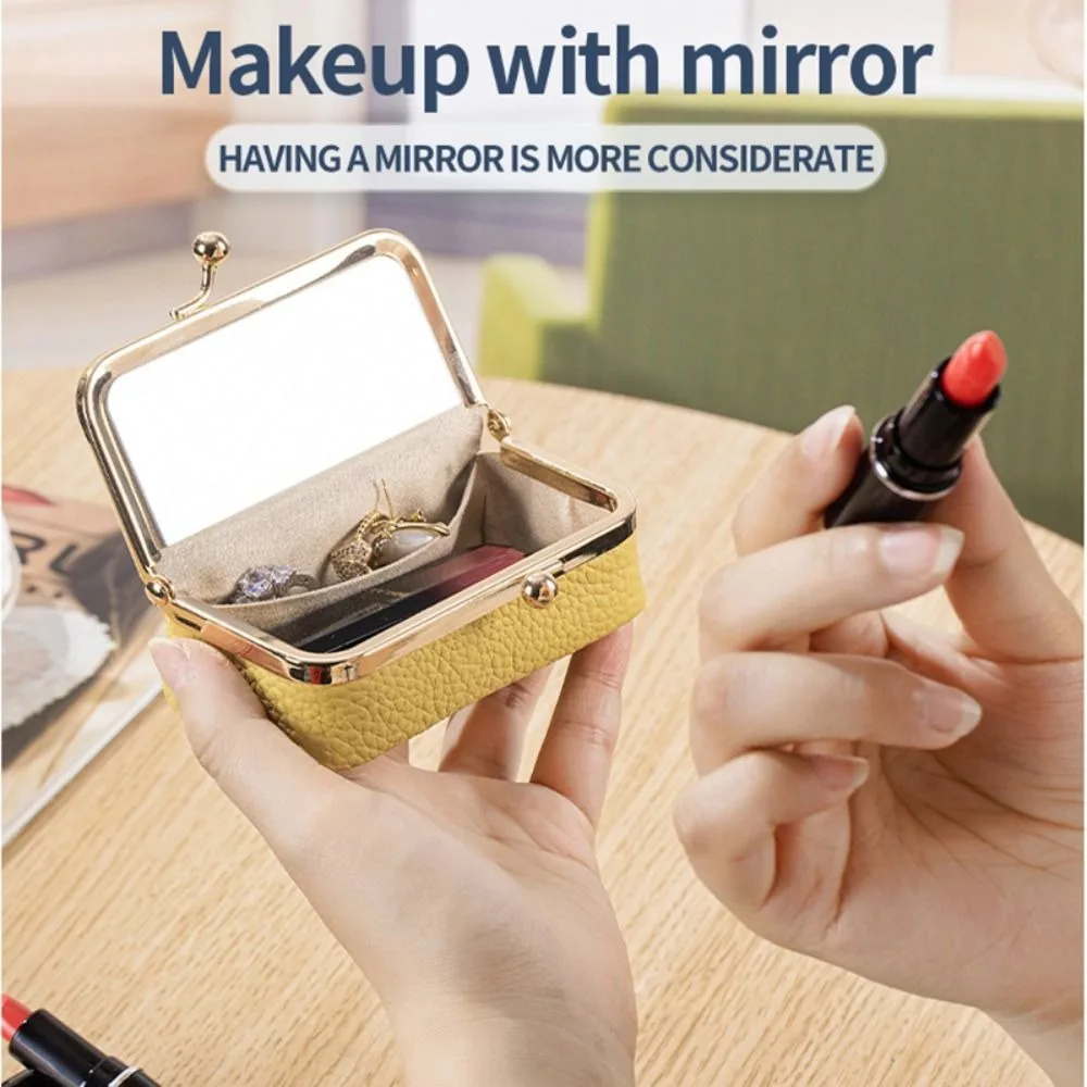 

Portable Lipstick Bag Exquisite Solid Color Jewelry Storage Box Anti-splash Water with Makeup Mirror Leather Jewelry Bag