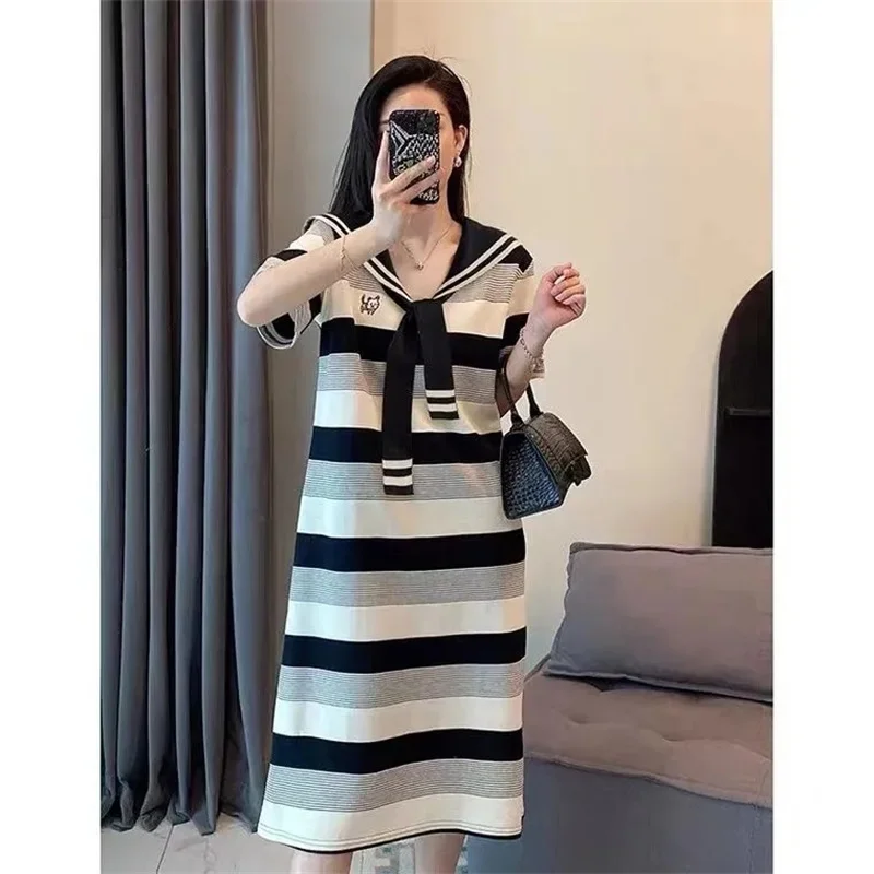 Navy Collar Striped Knitted Dress Female CCollege Wind Long Style T-shirt Skirt Summer 2023 Everything European Goods Splicing X