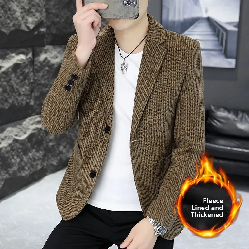 

Two-Button Thiened Fce-Lined Slim Fit Men's Suit Single-breasted Sli Autumn Winter Korean Version Long Sve irt