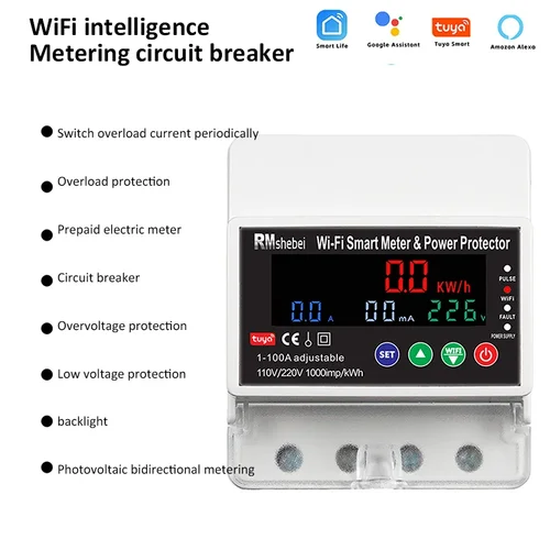 Imagen 2 del producto Disyuntor inteligente Tuya WiFi, conmutación temporizada, corriente de sobrecarga, 100A, sobre/bajo voltaje, medición bidireccional fotovoltaica