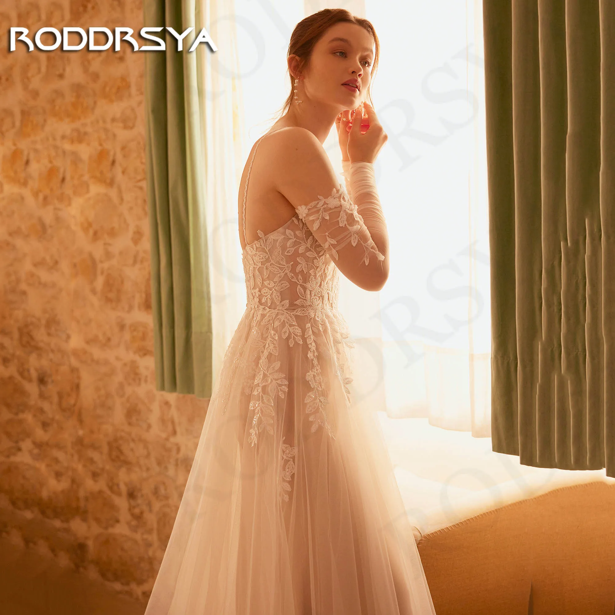 RODDRSYA Backless A Linha Vestidos De Casamento 2024 Encantador Tule V Pescoço Mangas Destacáveis Vestido De Noiva Apliques robes de mariée Vestidos de noiva em linha A sem costas 2024  Encantador vestido de noiva de t