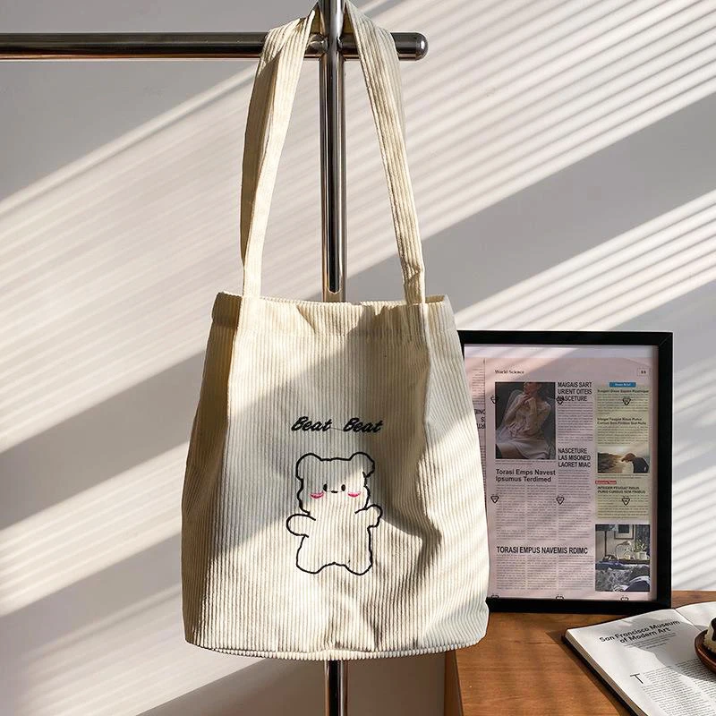 ISKYBOB Corduroy Handbags Cute Bear Printing Tote Shopping Bags Canvas Shoulder Shopper Cartoon Large Capacity Handbags