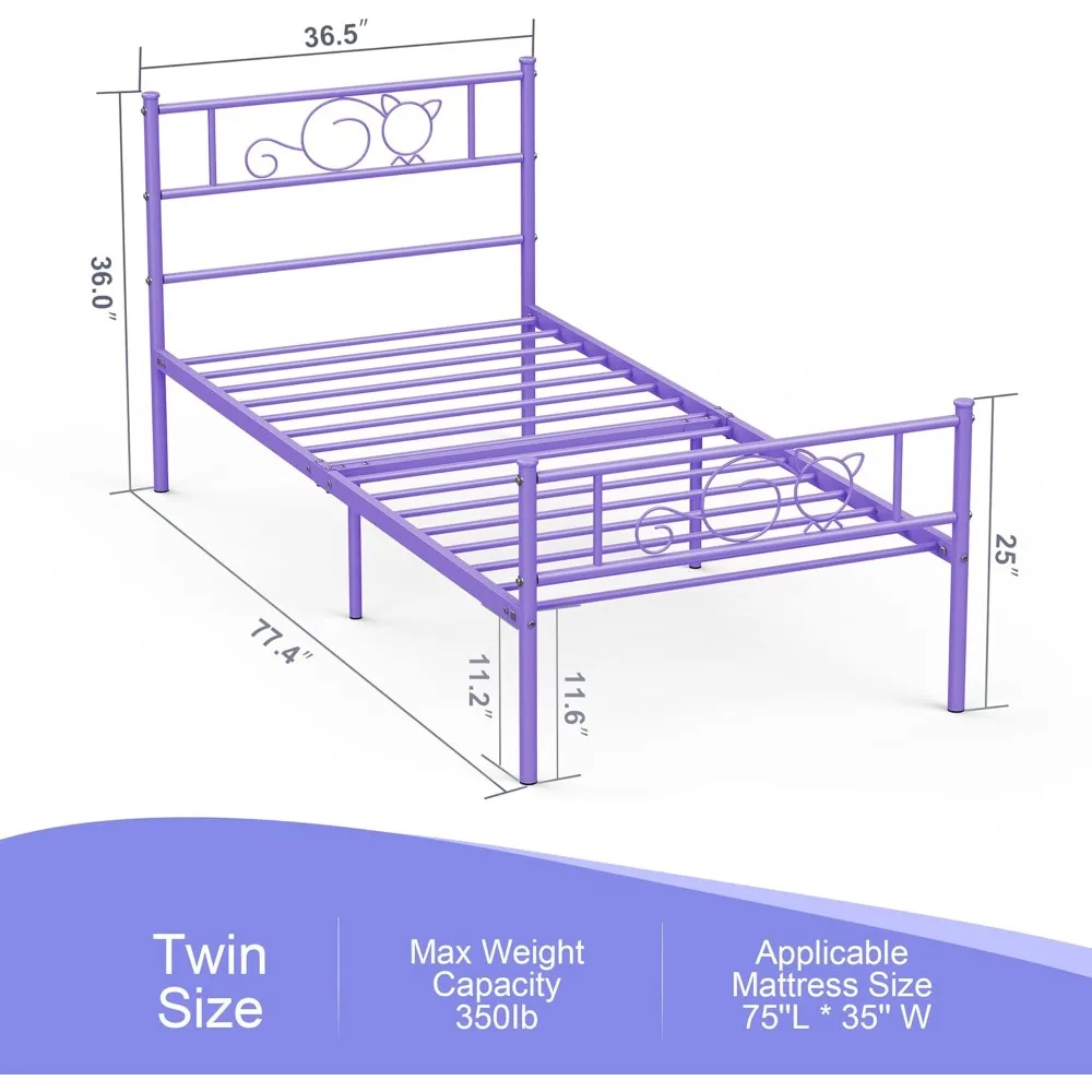 إطار سرير معدني بحجم مزدوج أرجواني من GIME للأطفال/الفتيات/المراهقين/الكبار، سرير بمنصة بتصميم قطة لطيفة مع حقيبة تخزين معلقة، مقاس M قوي #2