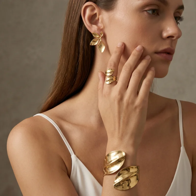 3Pcs Abstract Line & Leaf  Jewelry Set, Open Cuff Bracelet + Ring + Leaf Stud Earrings Minimalist Set For Women Everyday Wear