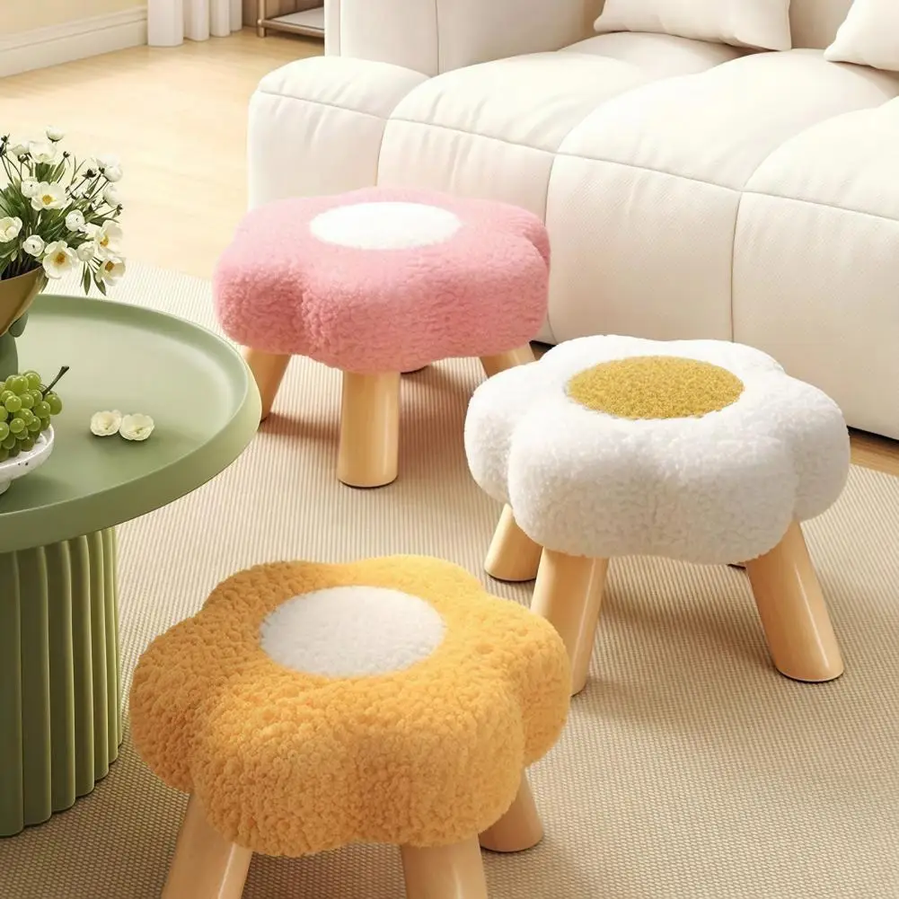 Flower Shape Stool Flower Stool with Wooden Legs Cloud Velvet Cushion Footrest Padded Seat Vanity Stool for Room Bedroom Sofa