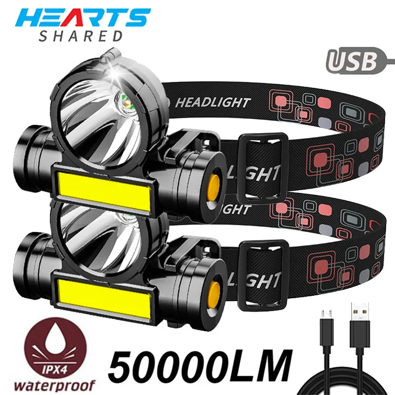 HeartsShared-linterna frontal súper recargable Cob, linterna Led montada en la cabeza, resistente al agua, USB, para pesca