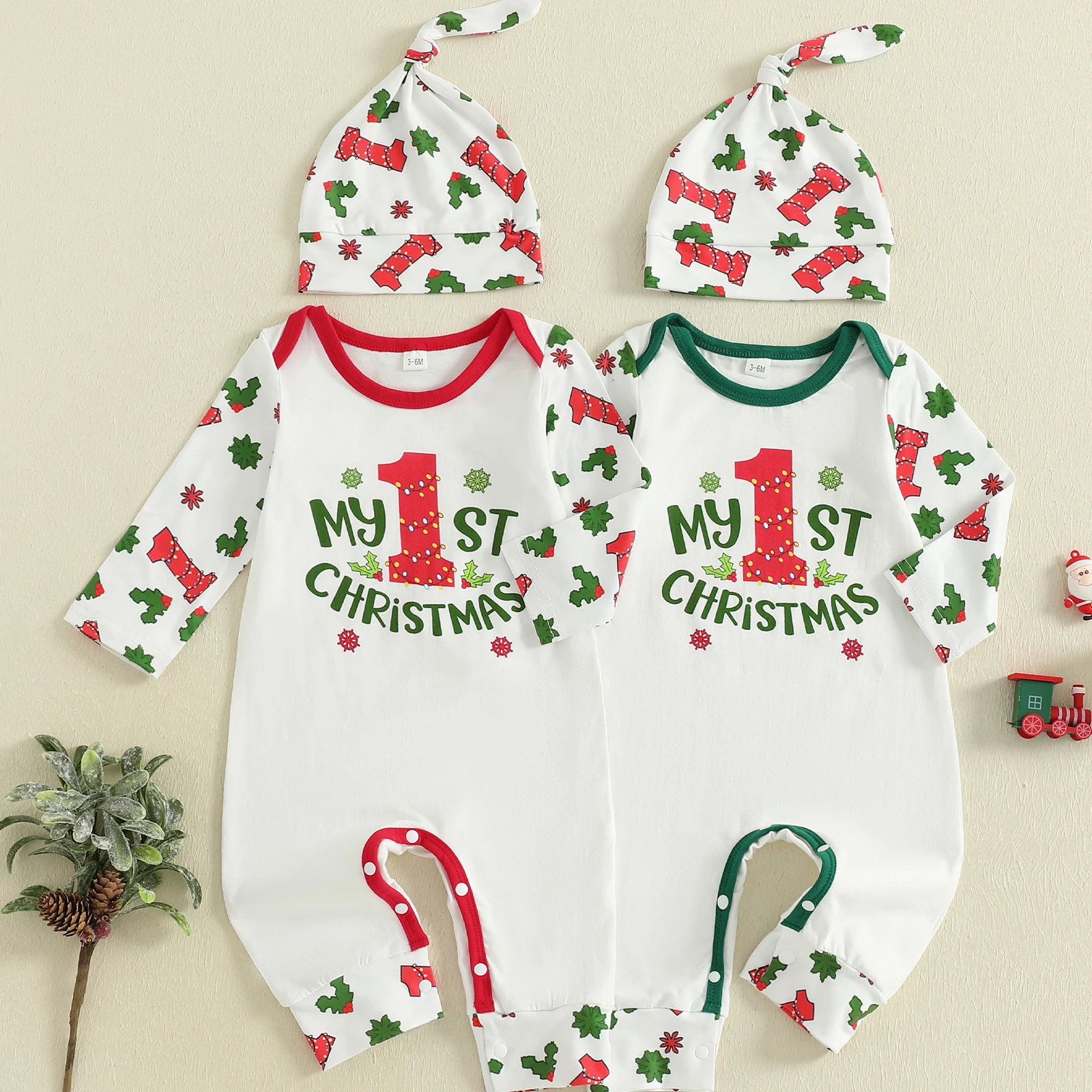 

0-18M Baby Boy Christmas Romper Letter Snowflake Print Long Sleeve Round Neck Full Length Jumpsuit with Hat