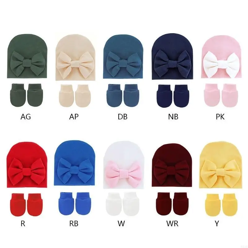 

95ae Baby Girl Beanie Новорожденный младенец милый узел шляпа Mitten Set Soft Cotton Lovely Gift Design с разноцветным