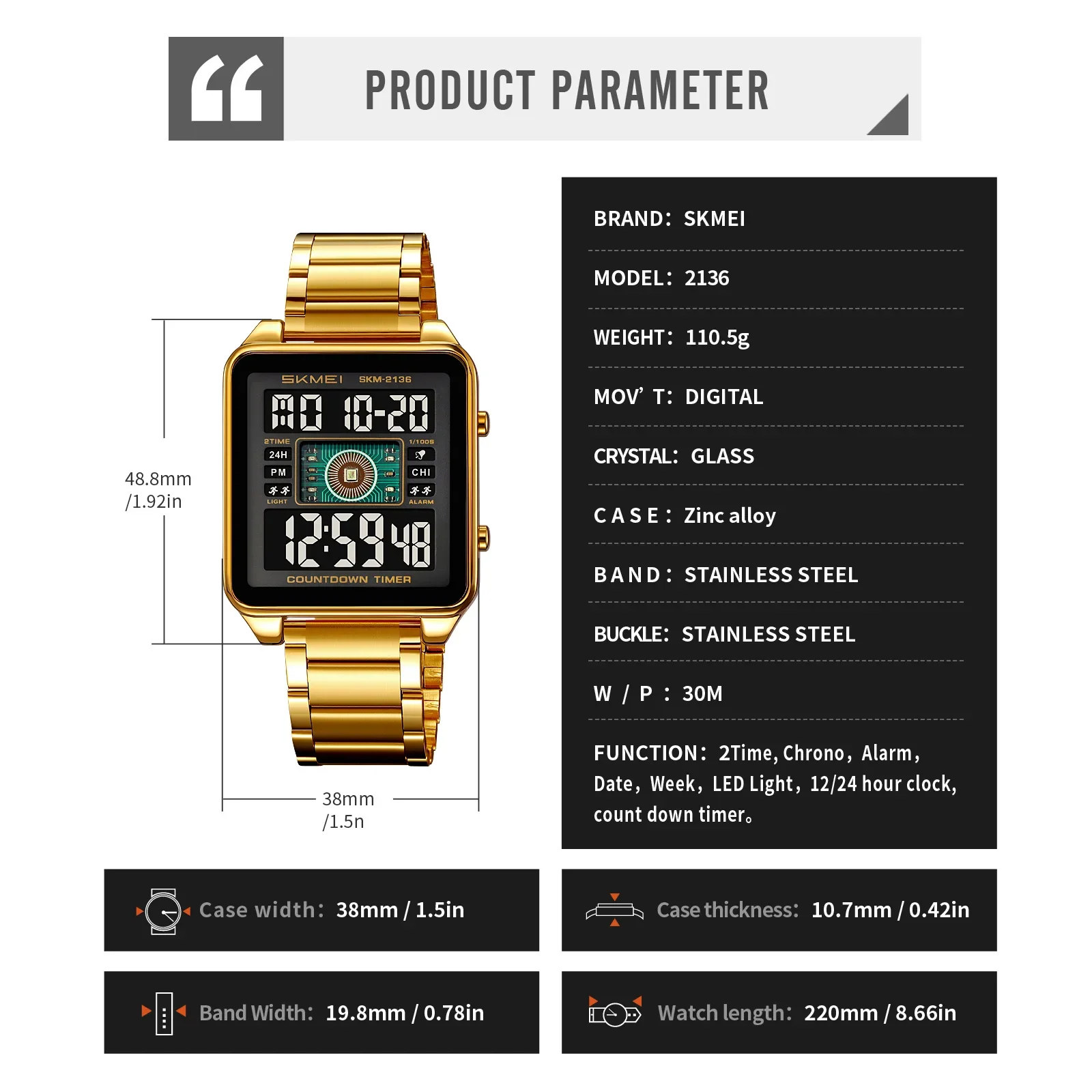 SKMEI 2136 Stainless Steel Countdown Stopwatch Wristwatch Fashion Electronic Movement Clock lighting Stylish Mens Digital Watch