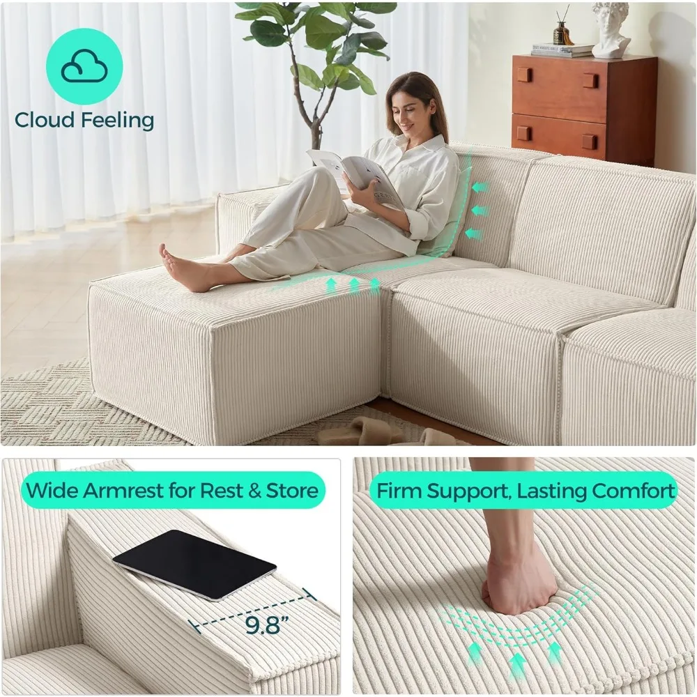 Oversized Deep Modular Sectional Sofa, Cloud Couch L Shaped 3-Seat Sofa with Ottoman, Corduroy Sectional Couches for Living Room