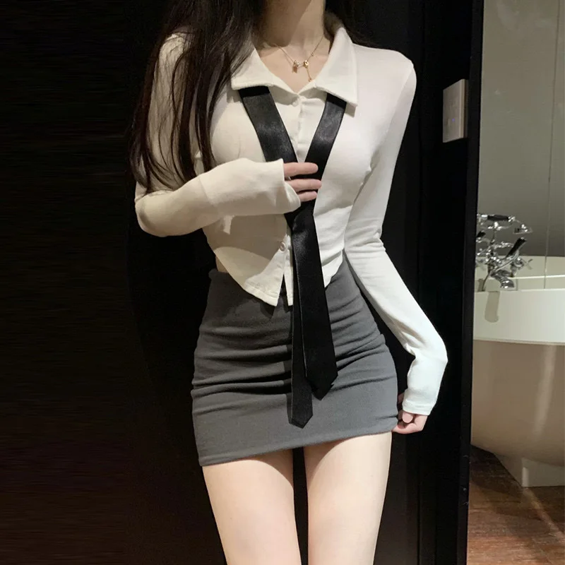 

Fashion Autumnsuit Sexy Commuting OL Secretary Teacher Cosplay Uniform Women Long Sleeve Top Half Bodycon Skirt Slimming