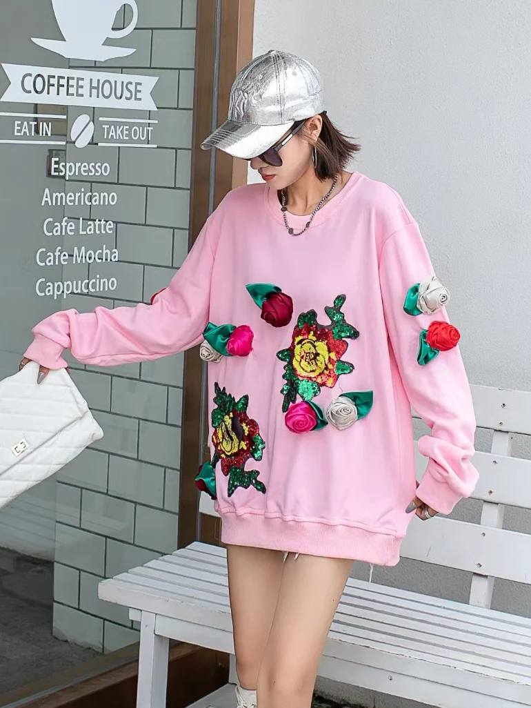 Sequined Exquisite Flowers Pullover Sweatshirt for Women Pink Sweet Long Sleeve hoodie Top 2023 Autumn Winter New Kawaii Clothes