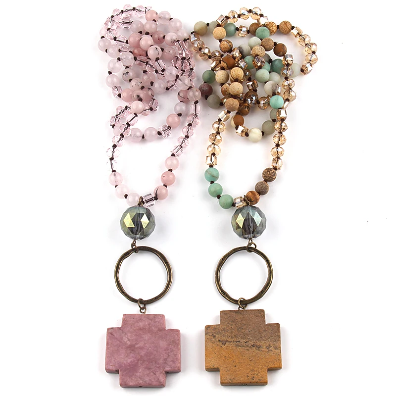 RH-collar de joyas bohemias para mujer, joya con cuentas anudadas de 8mm, eslabones grandes, Colgante de Piedra de Cruz Natural, para Festival