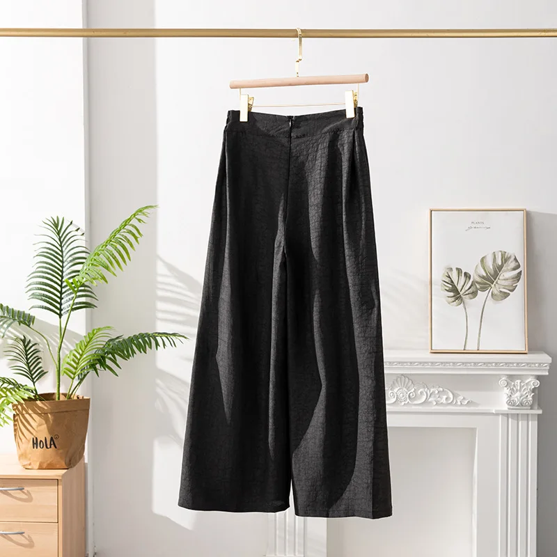 Birdtree 25MM 100%Mulberry Silk Elegant Wide Leg Pants Watered Gauze Lace Up Casual Loose Black Pants Summer Autumn New B39875QM