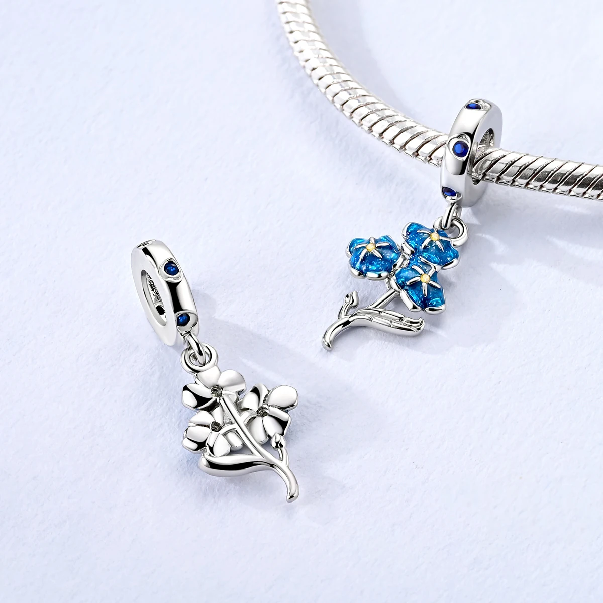 925 Sterling Silver Dangle Charm Forget-me-not Flower Pendant Fit Original Bracelet Necklace Diy For Woman Jewelry