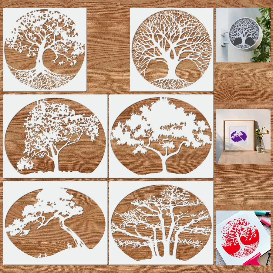 مجموعة من 6 قوالب رسم بلاستيكية بتصميم شجرة الغابات، أدلة فنية سهلة الاستخدام للمشروعات الإبداعية