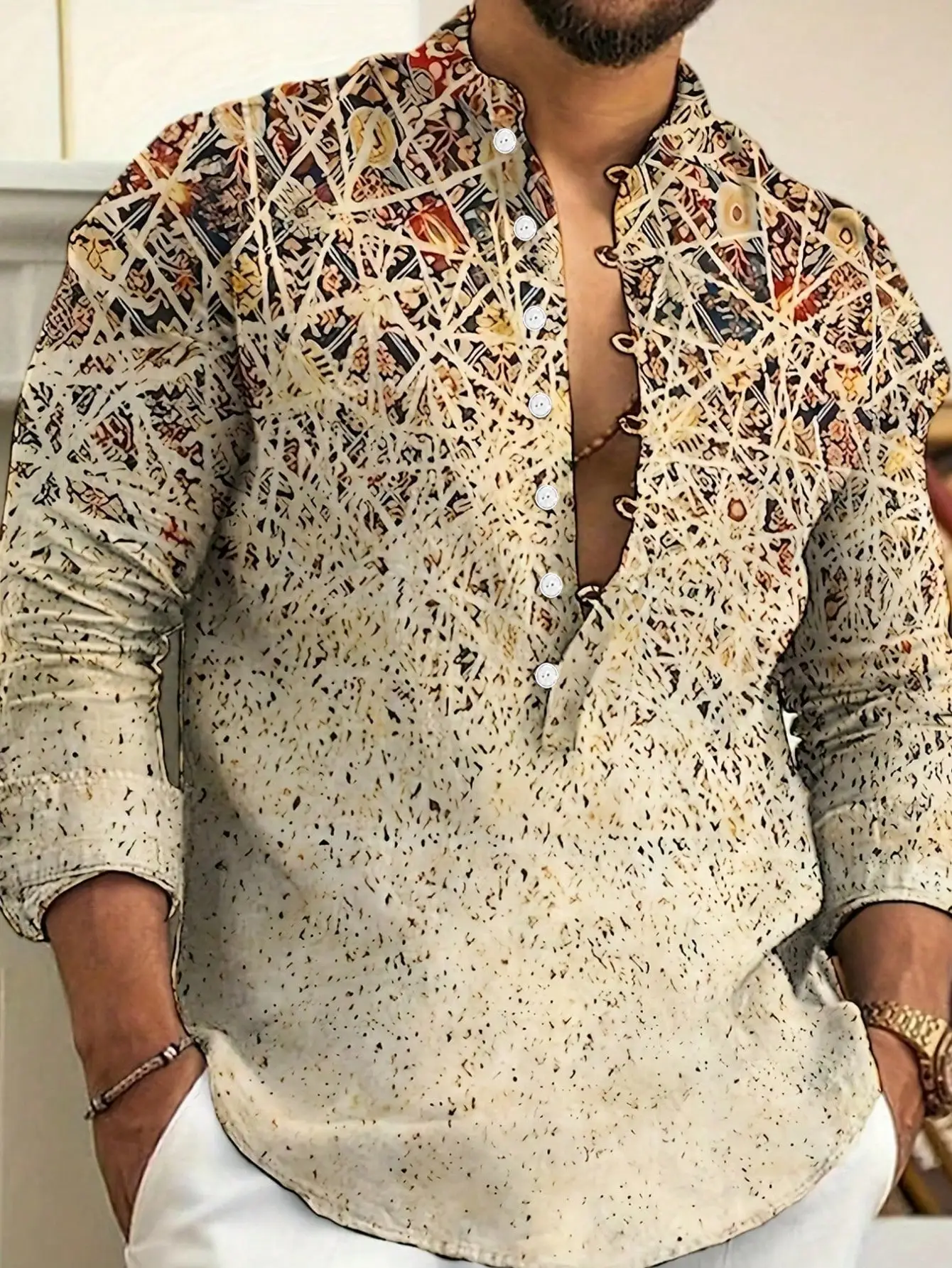 

Men's Long Sleeve Stand Collar Button-Up Shirt with Abstract Print, 100% Polyester, Casual Wear