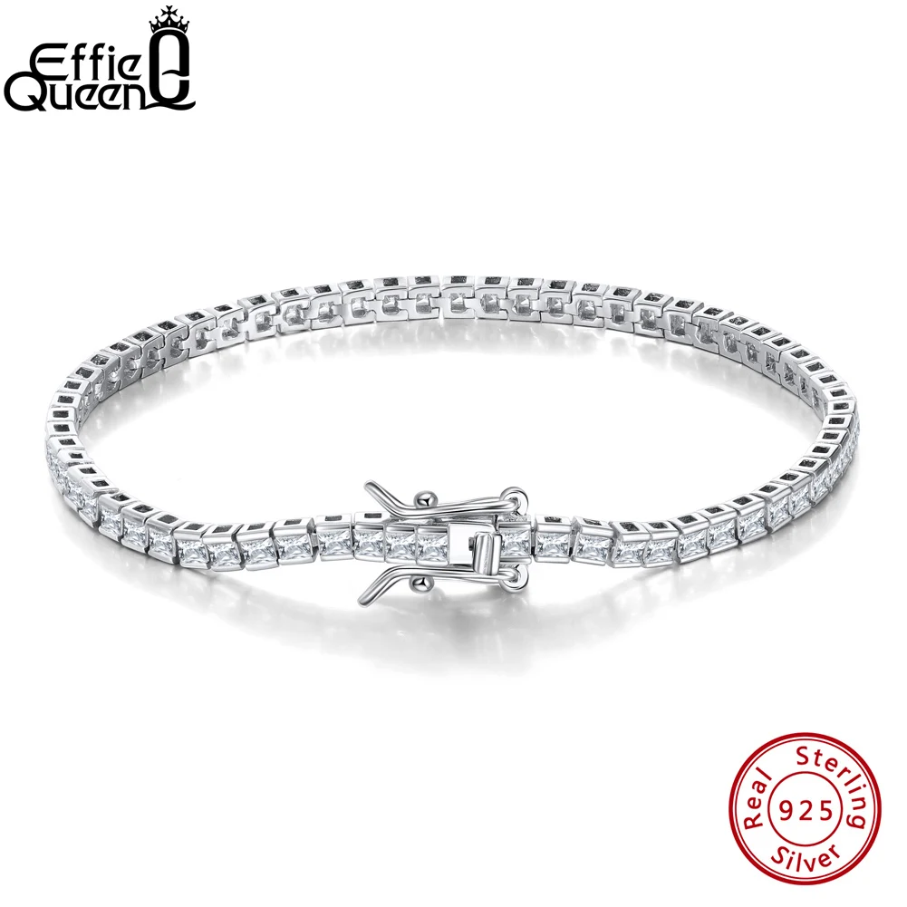 Effie Queen Real 925 Sterling Silver Tennis Bracelet 2mm Princess Cut Cubic Zirconia Bracelet Jewelry Gift for Women Girls SB143