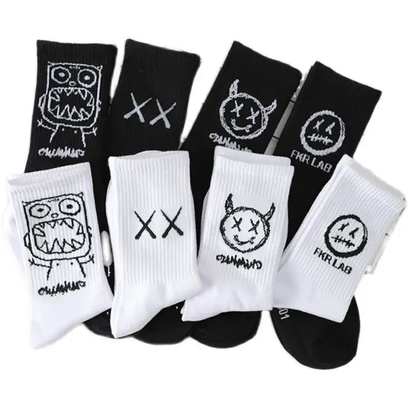 Men Women Socks Cotton Simplicity Anime Devil Grimace Harajuku Black White Graffiti Fashion Long Funny Hip Hop Sox Unisex medias