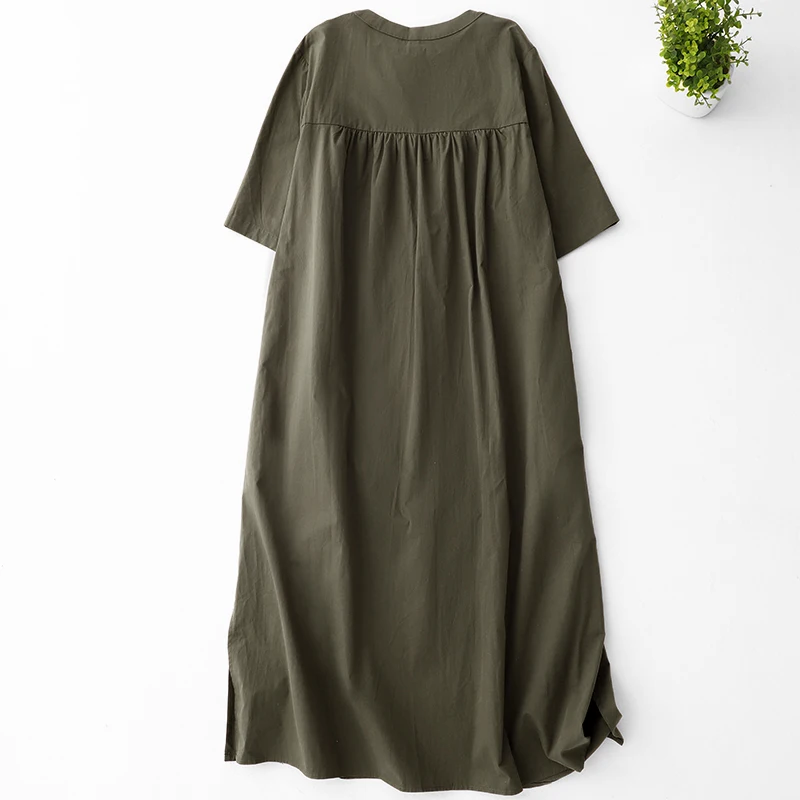 Abito lungo casual a maniche corte allentato retrò in cotone e lino tinta unita da donna Boho Streetwear Beach Holiday Summer New