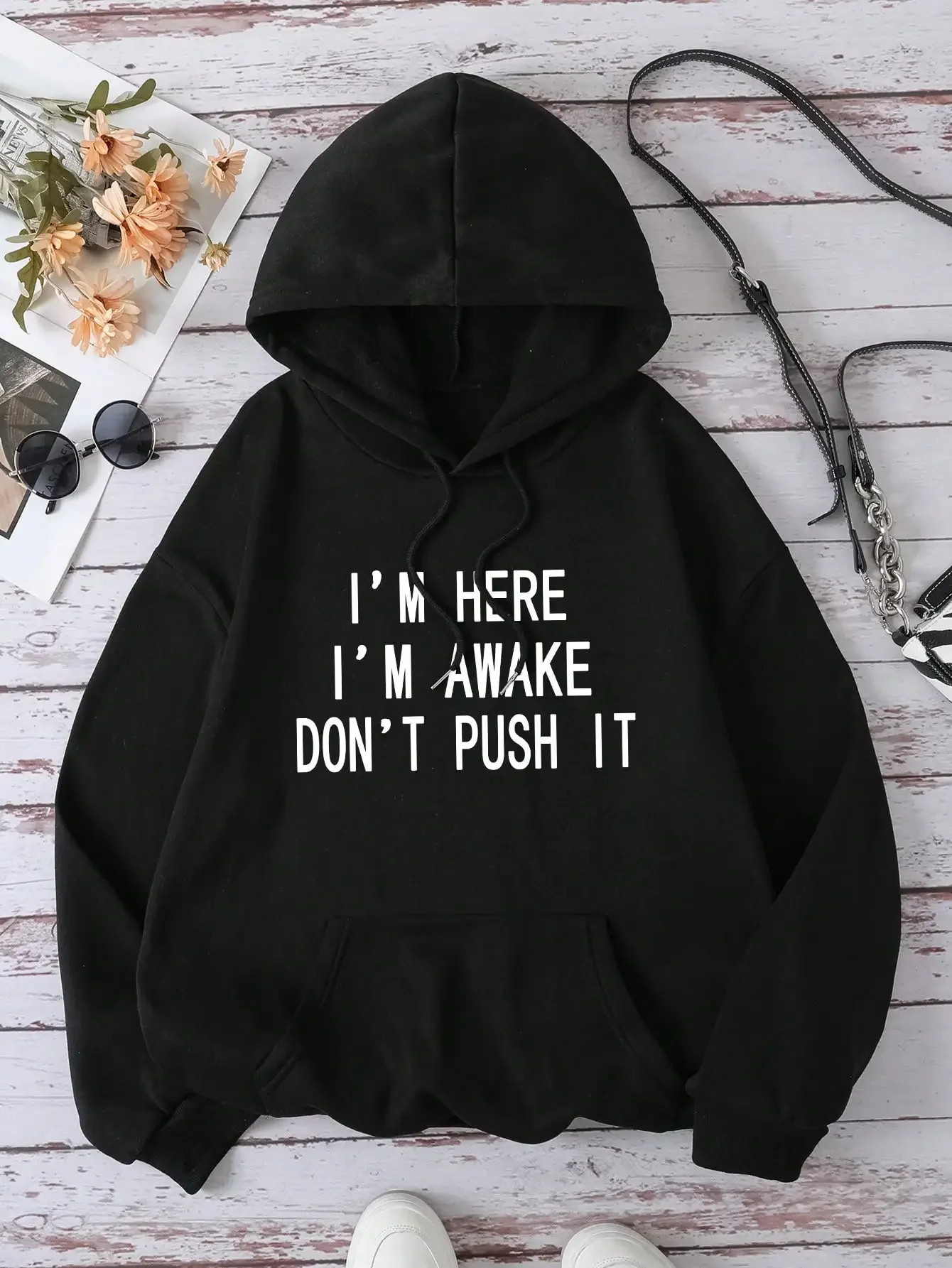 Sweat à capuche thermique INAWLY avec poche et cordon de serrage, motif slogan, collection Automne Hiver, I'M HERE I'M AWAKE DON'T PUSH IT, hauts à manches longues