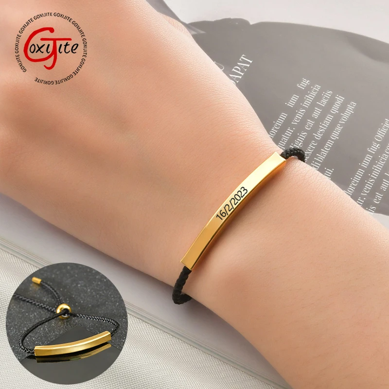 Goxijite Engrave Name Bracelet Stainless Steel Black Rope Carving Date Symbol Adjustable Bracelet Commemorative Day Jewelry Gift