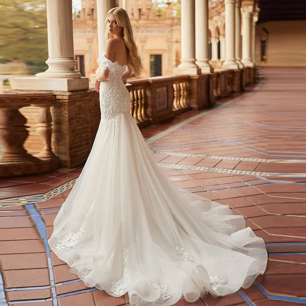 Maßgeschneiderte Boho-Hochzeitskleider für Damen, schulterfrei, 2025, Spitzenapplikationen, Meerjungfrau, Tüll, Brautkleider, formelle Vestidos de Novia