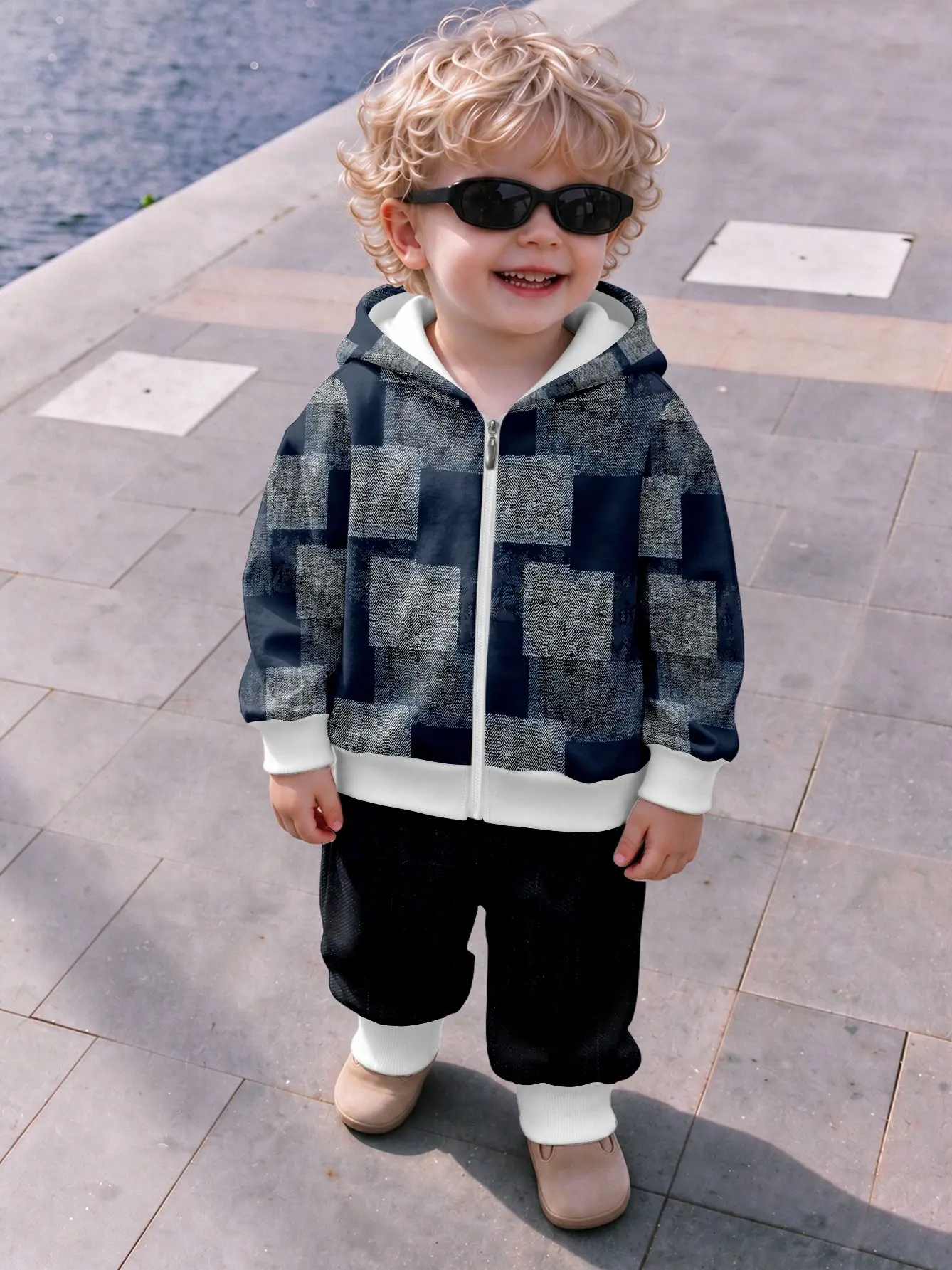 Infant Navy Geometric Texture Raglan Sleeve Zip Hooded Sweatshirt and Pants Set Top without Pockets, Pants with Pockets Jogger C
