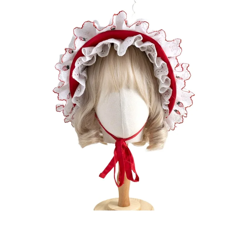 Japanese Original Sweet Lolita Lace Bow Ruffle Red Headgear Strawberry Embroidery Cute Lace Bow Soft Girl Versatile Pot Hat